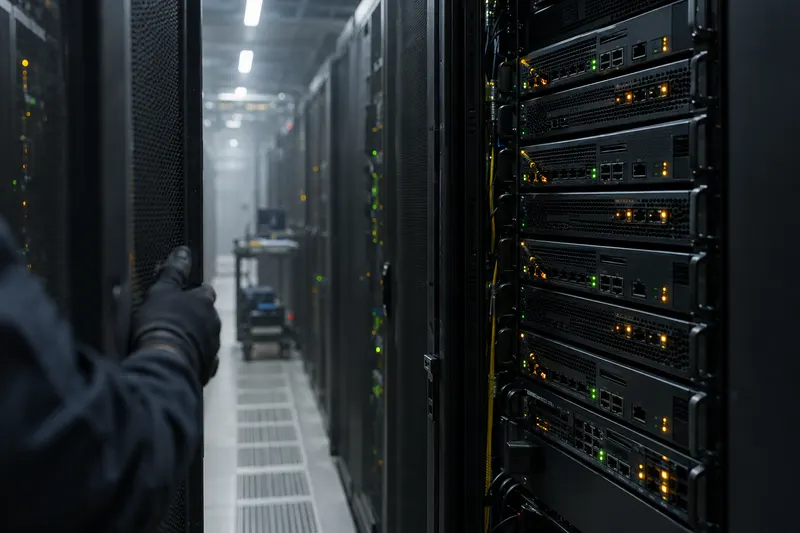 Rows of black rack-mounted network appliances with glowing amber and green status lights in a dim data center aisle