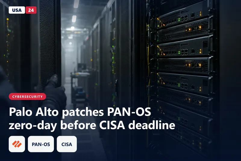 Rows of black rack-mounted network appliances with glowing amber and green status lights in a dim data center aisle