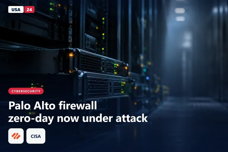 Rack-mounted firewall appliances in a dim data center aisle, with amber and green status lights glowing.