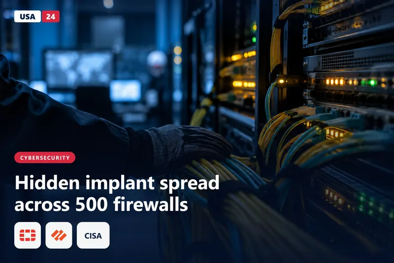 Dim telecom equipment room with rows of rack-mounted network appliances glowing amber, a gloved hand near the cabling.