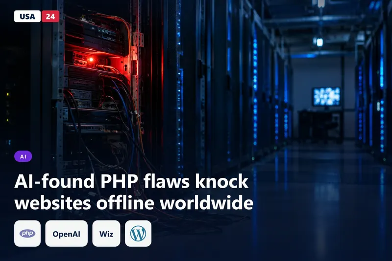 Dim server hall at night, rows of blue-lit racks, one cabinet open with cables hanging, a red status light glowing.