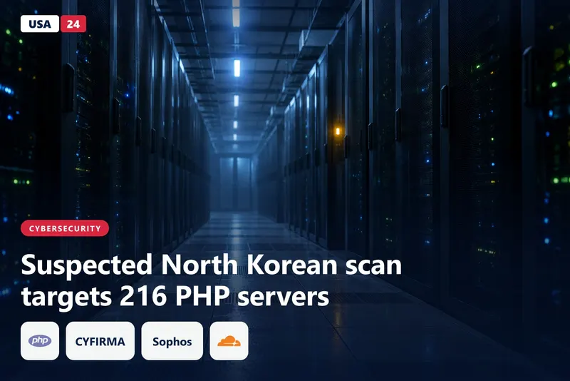 Empty data center aisle with rows of server racks lit in cold blue, one amber status light glowing in the distance