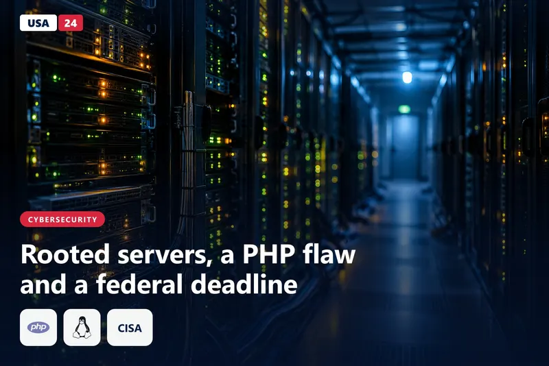 Rows of server racks in a dim data center aisle, with amber and green status lights blinking across the cabinets at night.