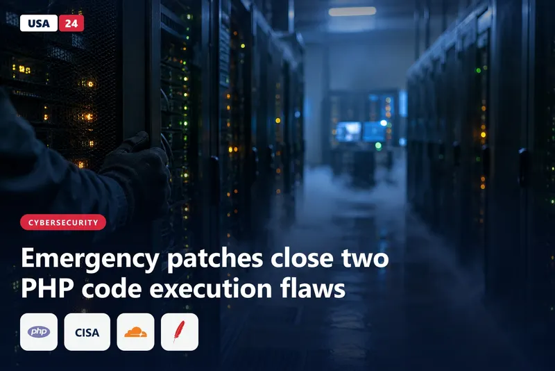 Dim data center aisle with rows of server racks, amber status lights glowing, and a gloved hand resting on an open rack door.