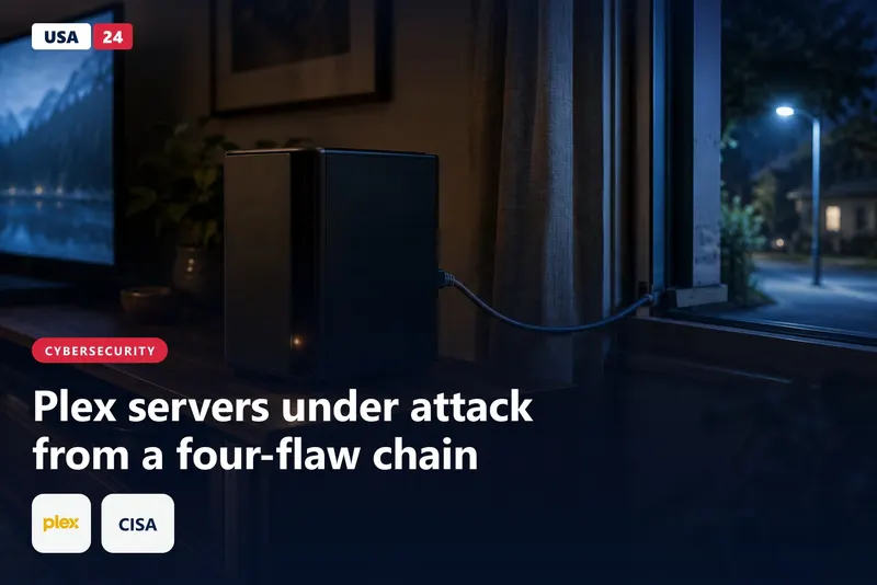 Home media server with glowing amber light on a shelf in a dim living room at dusk, Ethernet cable running toward a window.