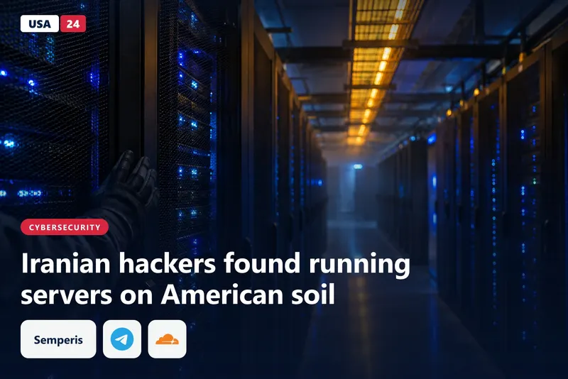 Blue-lit server racks fade into haze in a dim data hall, with an amber cable tray overhead and a gloved hand up front.