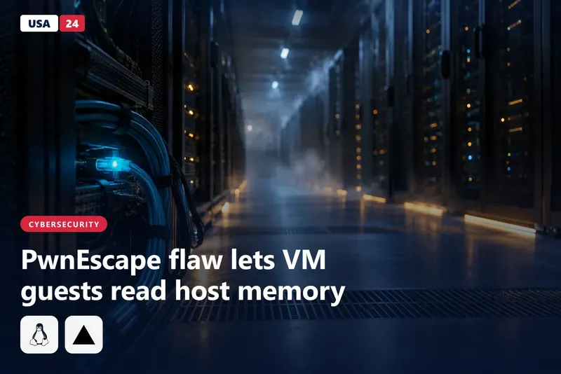 Rows of dark server racks in a dim data center, with a single cyan status light glowing along a cable bundle in the foreground.