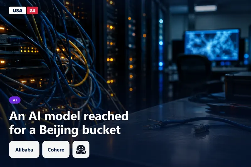 Dim server room with blinking amber status lights and tangled network cables in the foreground, shot in shallow focus.