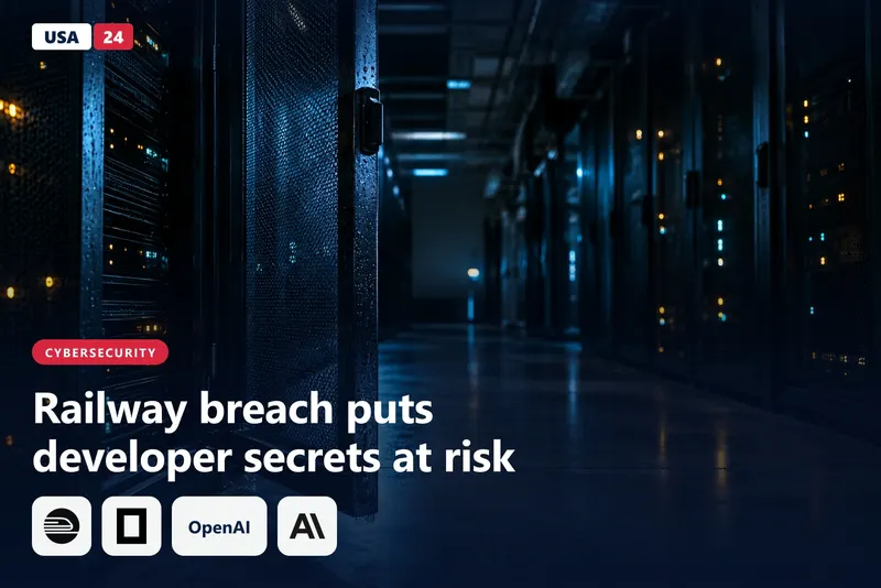 Dim server hall with rows of black racks and one steel cage door standing open under cold blue light.