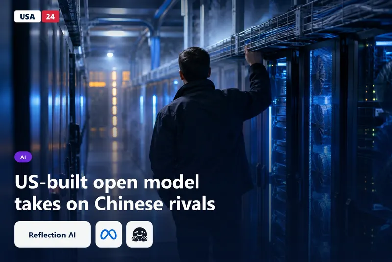 A technician in a dark jacket stands between tall server racks in a dim data hall lit by cool blue LEDs.