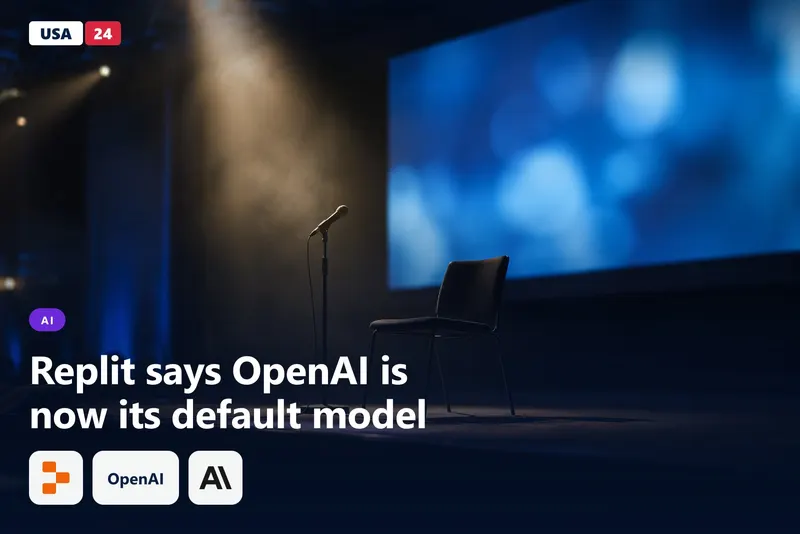 Empty conference stage under one spotlight, a single chair and microphone before a glowing screen blurred out of focus.