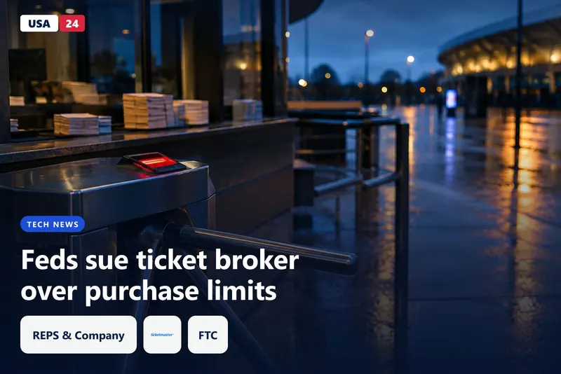 Turnstile and red-glowing scanner outside a closed arena box office at dusk, with blurred paper tickets behind.