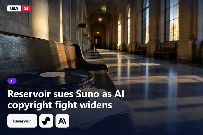 Stack of vinyl records and blank sheet music on a bench in a sunlit federal courthouse corridor with tall arched windows.