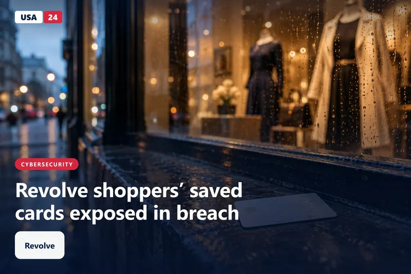 A blank payment card rests on a wet stone ledge beside a dim boutique window at dusk, with blurred garments behind it.