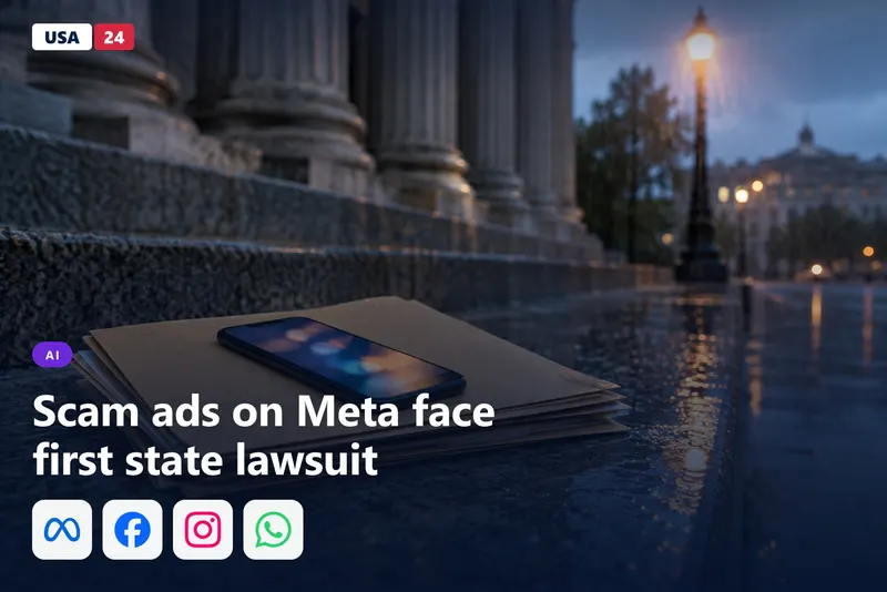 Smartphone with a blurred glowing screen resting on court folders on a wet stone courthouse step at dusk.