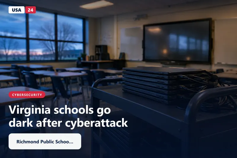 Stacked school laptops on a rolling cart in an empty classroom at dusk, lit by cold blue window light.
