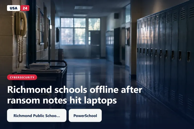Empty school hallway at dawn with metal lockers, a wall-mounted phone with its cord hanging, and a cart of paper worksheets.