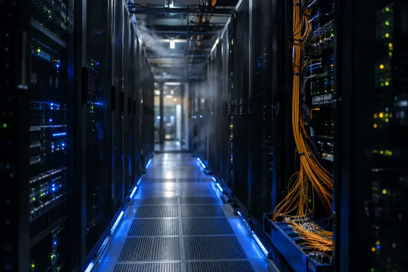 Dim data center aisle lined with server racks, blue floor lights and amber fiber-optic cables glowing through cold mist.