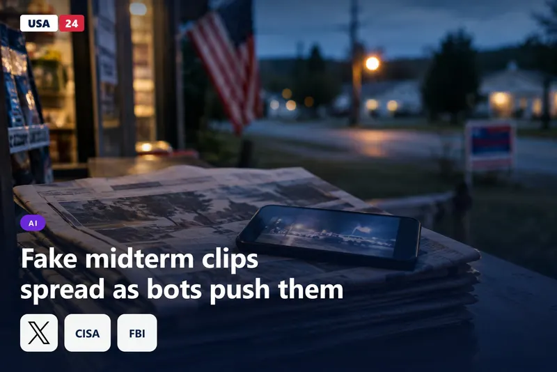 Dusk newsstand with stacked newspapers, blurred headlines and a glowing smartphone screen in a quiet American town square.
