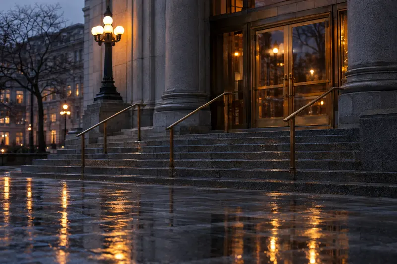 Rain-slicked granite steps of a federal courthouse at dusk, a glass door reflecting amber streetlights, an empty plaza.
