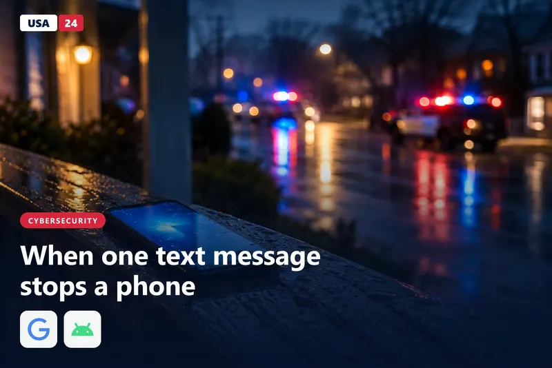 Smartphone lying face-up on a rain-streaked railing at night, screen glowing softly, with blurred emergency lights behind it.
