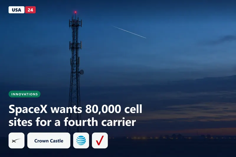 Lattice cell tower silhouetted at blue hour on a flat rural plain, with a thin satellite streak crossing the dusk sky above it.