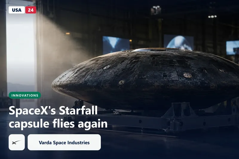 A flat, disk-shaped reentry capsule rests on a cradle in a dim hangar, its dark heat shield catching a shaft of morning light.