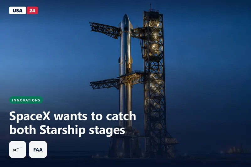 Stainless steel rocket stage held between the open arms of a tall steel launch tower at dusk on a flat Texas coastline.