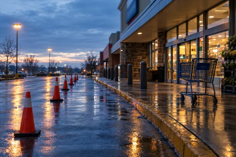 Empty supermarket pickup lane at dawn with orange cones, wet asphalt and a lone cart beside glowing store doors.