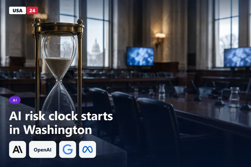 Brass hourglass mid-fall on a marble ledge in an empty federal hearing room, morning light across a long wooden table.