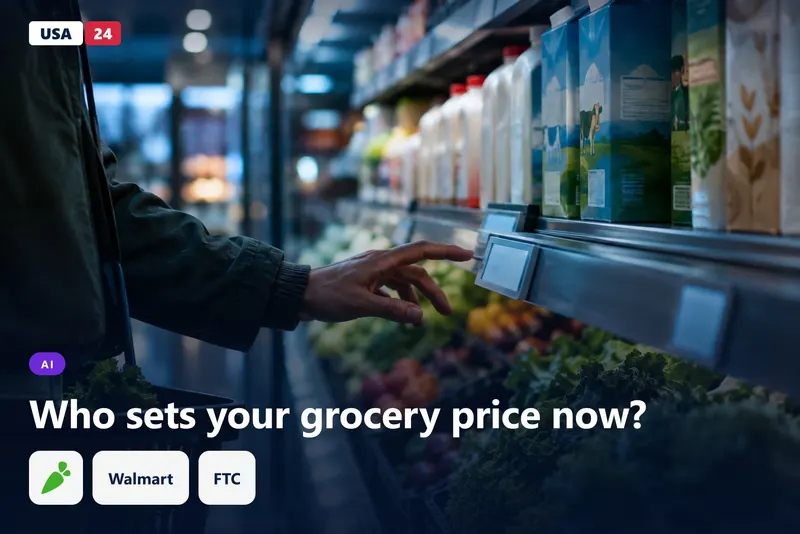 Grocery aisle at night with glowing digital shelf labels above chilled milk, and a shopper's hand hovering near one in soft focus.