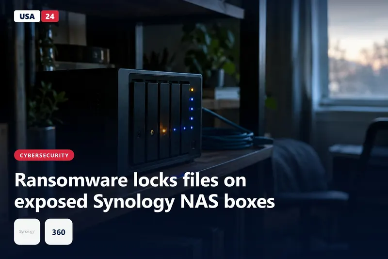 Dim home office shelf holding a network storage unit, with amber and blue status lights glowing on its front panel.