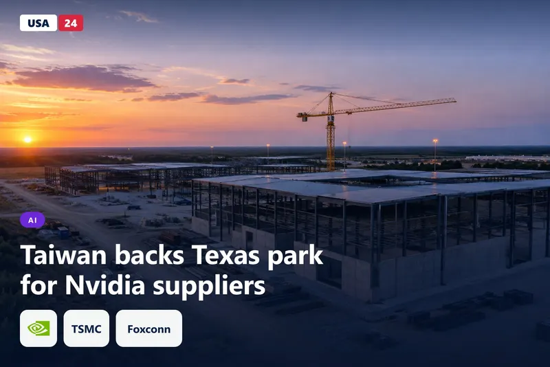 Dusk aerial view of a flat Texas site with cranes and fresh concrete foundations beside a half-built factory shell.