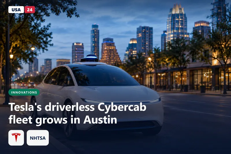 A steering-wheel-less electric robotaxi waits at an Austin curb at dusk under warm streetlights.