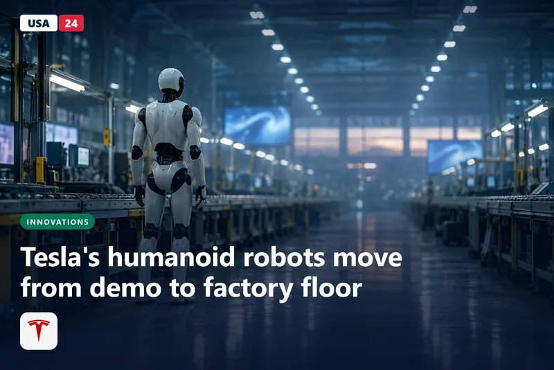 A white humanoid robot stands at the head of a long factory assembly line under bright overhead lights.