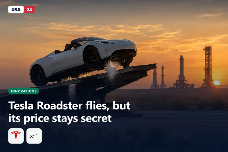 A low white sports car tilted on an inverted ramp at a Texas test site, with thin vapor curling from its underbody at dusk.