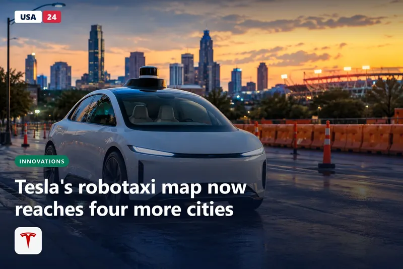 A white driverless two-seater with no steering wheel waits at a barricaded city street corner at dusk.