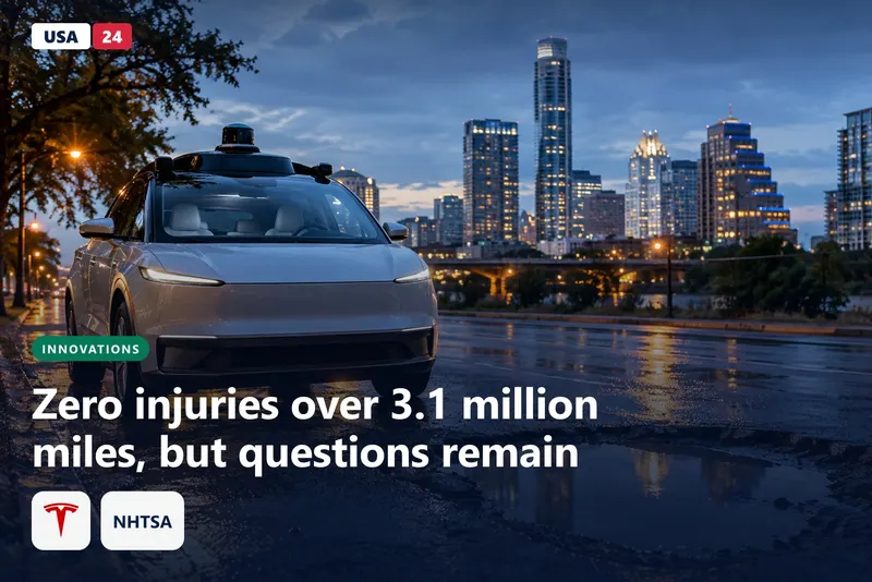 Driverless car with no steering wheel stops on a rain-slicked street at dusk, streetlights reflected in wet asphalt.