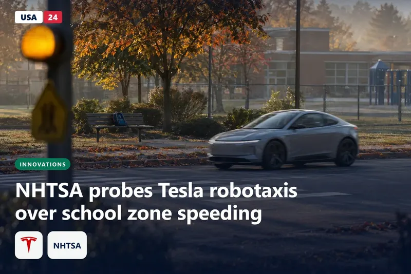 Driverless compact electric car blurs past a school crosswalk as an amber school-zone beacon flashes in morning light
