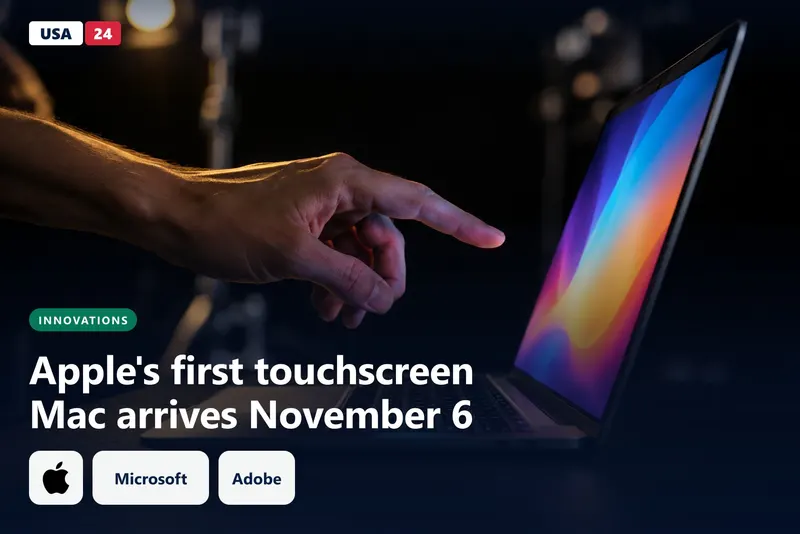 A hand reaches toward the glowing OLED screen of an open aluminum laptop in a dark studio setting.