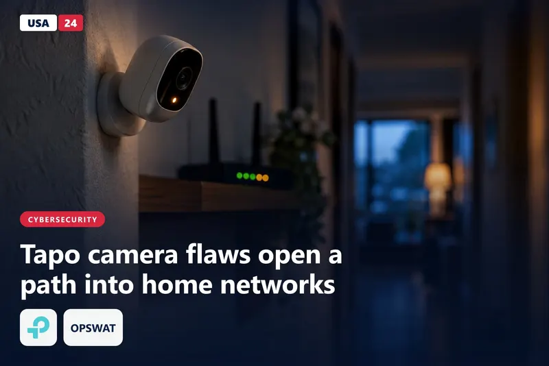 White indoor security camera on a dim hallway wall, status light glowing, a router blinking out of focus on a shelf nearby.
