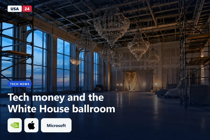 Unfinished ballroom at dusk, steel scaffolding and empty chandelier frames hanging over a concrete floor under warm work lamps.