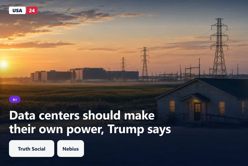 Power lines cross a farm field at dusk toward data center buildings, with a lit community hall in front.
