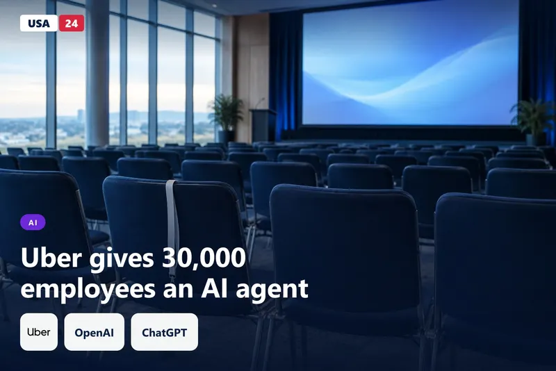 Rows of empty chairs face a glowing screen in a large training hall at dawn, lit by soft light from tall windows.