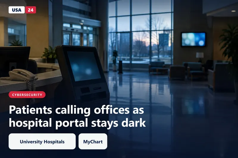 Empty hospital lobby at dawn, a dark check-in kiosk and a corded phone on a counter, cool light from tall windows.