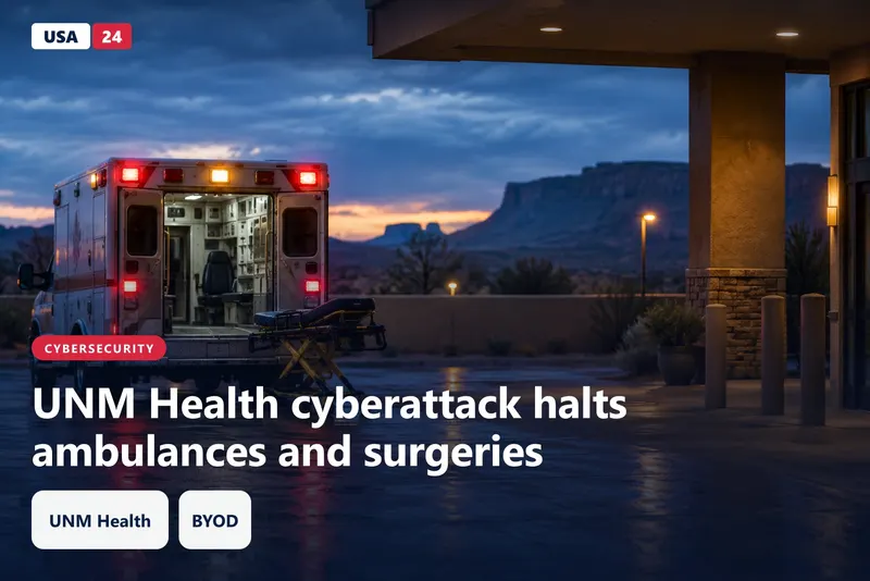 Ambulance bay at dusk with red emergency lights reflecting on wet pavement and an empty hospital entrance nearby