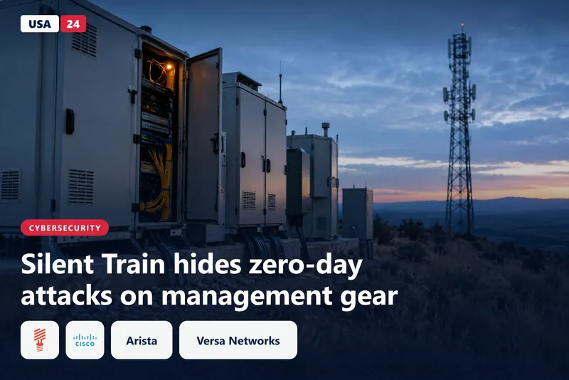 Telecom cabinets and buried fiber cables on a desert ridge at dusk, with one amber light glowing inside an open rack.