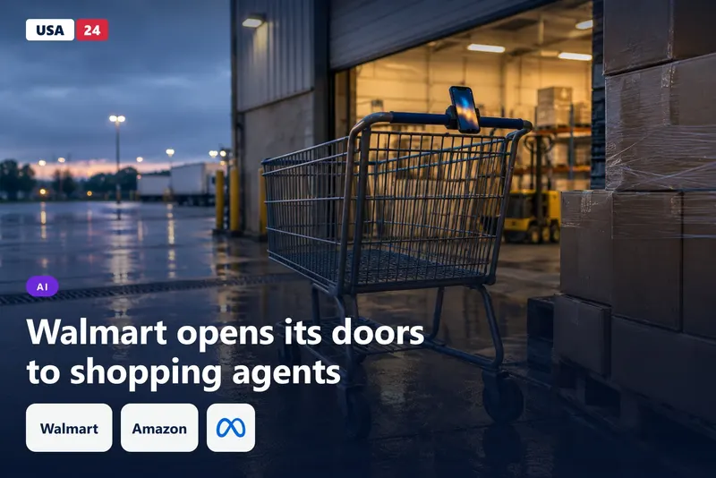 Empty shopping cart on a wet loading dock at dusk, with a phone on its handle glowing in blurred blue and amber light.