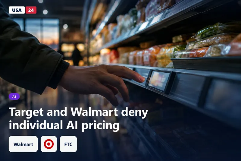 Shopper's hand near a glowing electronic shelf label in a dim grocery aisle, with blurred products behind it.