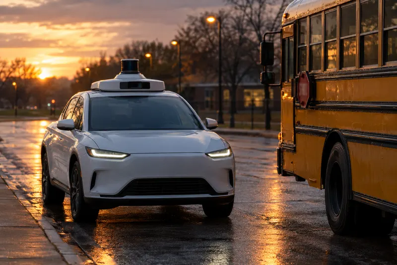A white driverless car with a roof sensor pod waits at a curb beside a parked yellow school bus at dusk.